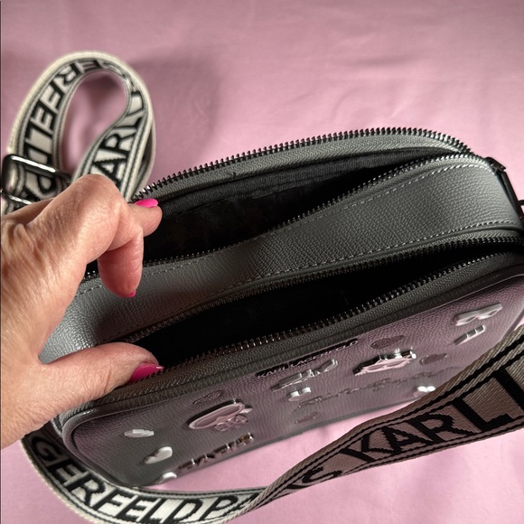 Karl Lagerfeld Gray Maybelle Crossbody with Branded Webbing Strap and Charms - Picture 4 of 6